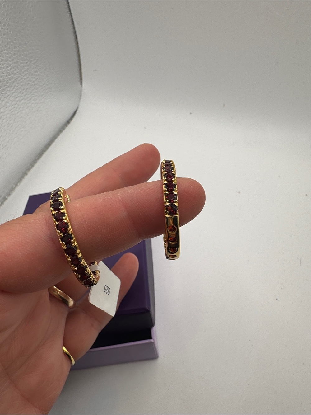 Gold Hoop Earrings with Deep Red Stones - Women Jewelry